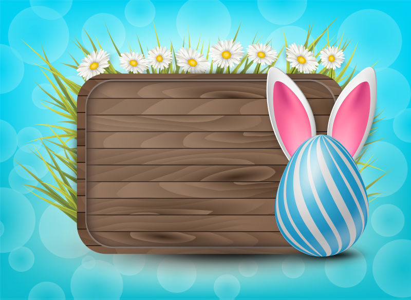 复活节木制标牌画有3D逼真的彩蛋绿色玻璃的兔子耳朵和明亮的蓝色布景背景上的花朵矢量图