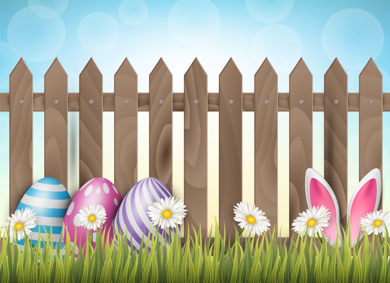 复活节背景逼真的3D彩蛋木栅栏鲜花和隐藏的兔子耳朵矢量图