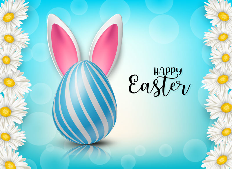 快乐的复活节背景彩绘的3D现实彩蛋和兔子耳朵在蓝色背景下有花矢量图