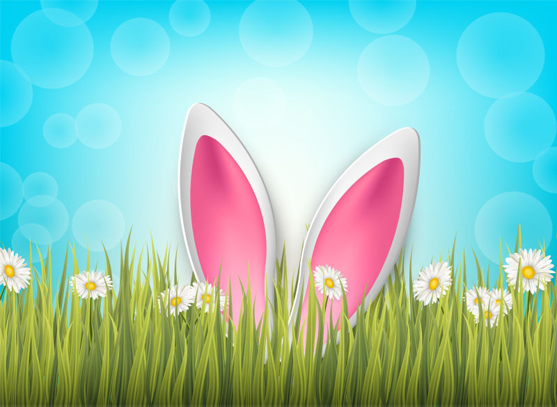 复活节背景3D逼真的兔子耳朵绿色玻璃和蓝色背景上的花矢量图