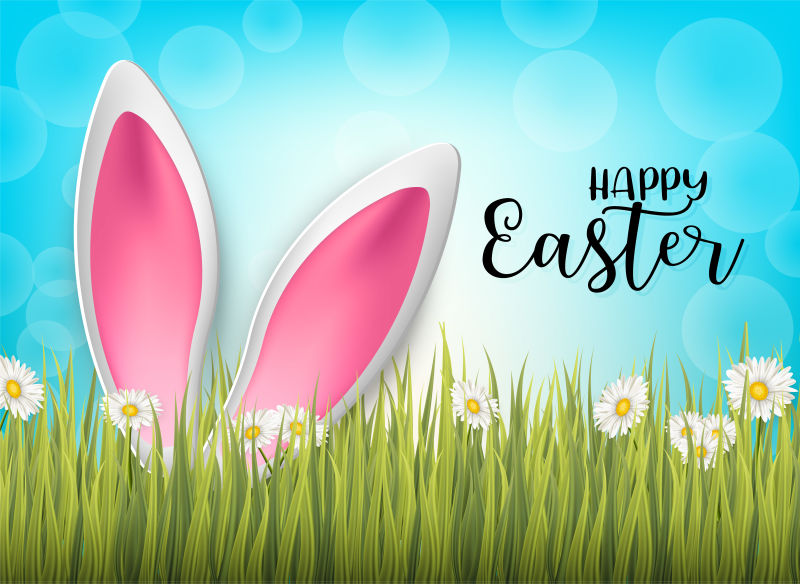 快乐的复活节背景3D逼真的兔子耳朵绿色玻璃和蓝色背景上的花矢量图