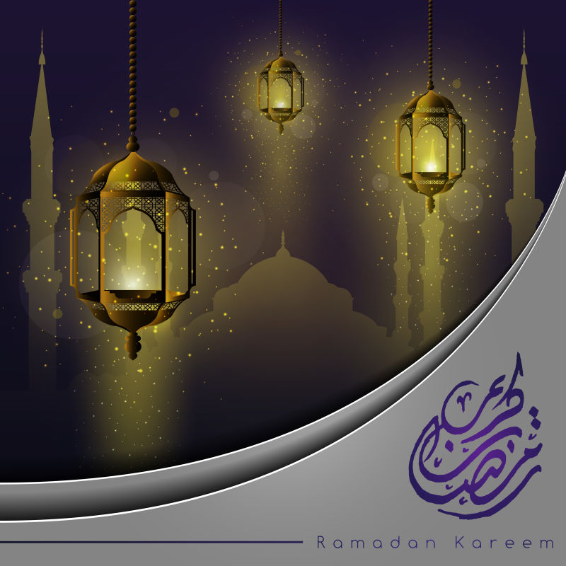 斋月卡雷姆美丽的发光灯笼星-新月-清真寺和书法