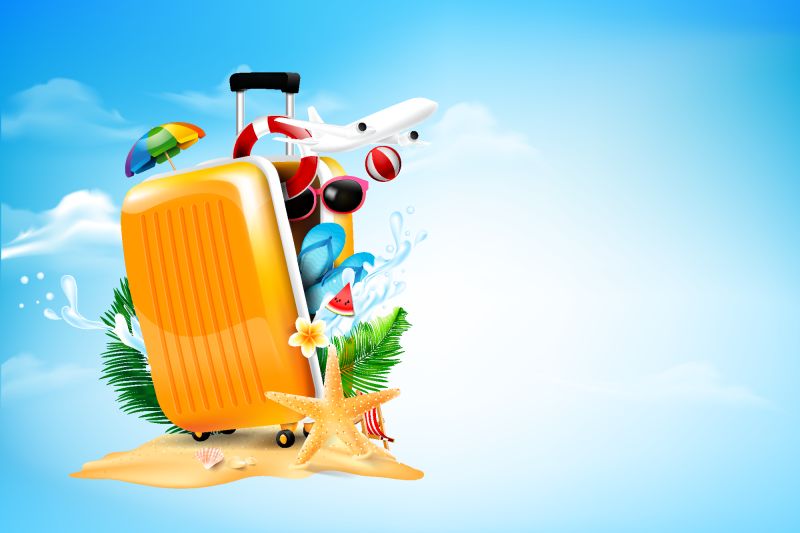 空中飞机开放式行李旅行箱-蓝色天空中带有海星花棕榈叶沙滩元素-以及夏季旅游概念的云背景-带有复制空间矢量图