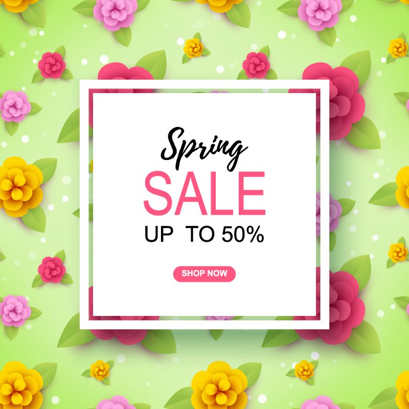 彩色春夏销售横幅-绿色背景上有鲜花-高达50%的销售额-文本位置