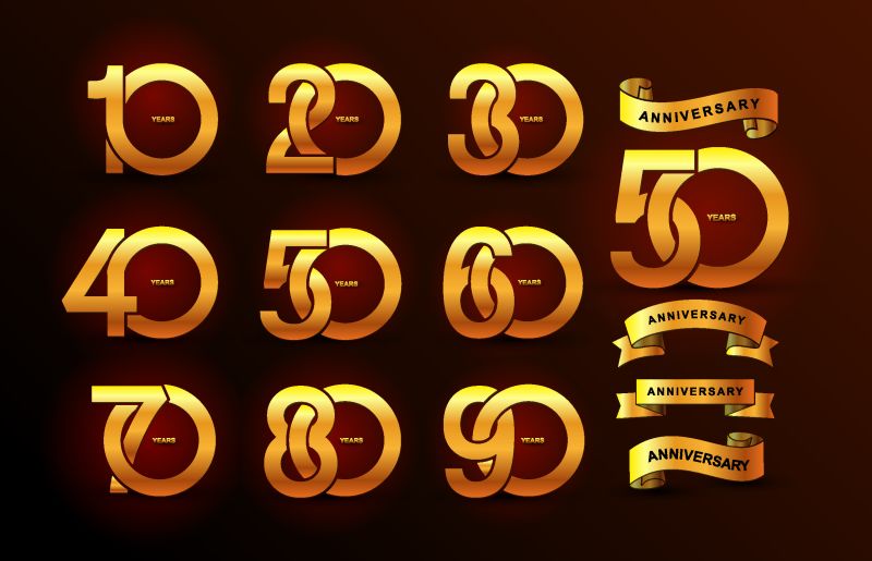 周年纪念金图标集-平面设计-10-20-30-40-50-60-70-80-90-岁生日标志标签-金邮票-矢量图-黑底隔离