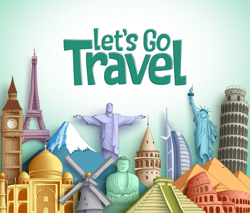 旅游和旅游矢量背景设计-白底Let&s Go旅游文本和著名的地标和旅游目的地元素-矢量图