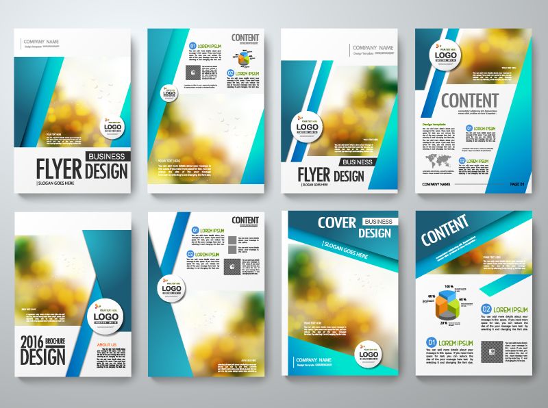 一组传单设计模板向量-小册子报告商业杂志海报-封面书-有抽象蓝色形状的小册子或介绍-A4大小的布局