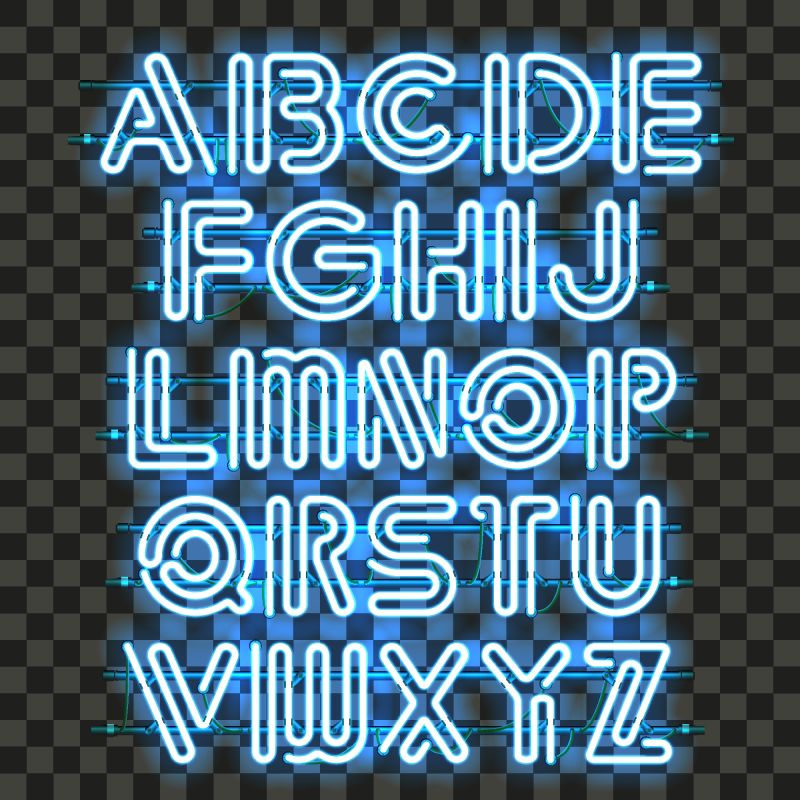 发光的蓝色霓虹字母表-字母从A到Z-发光的霓虹效果-每个字母都是独立的单元-有电线管子支架和支架-可以与其他字母组合在一起