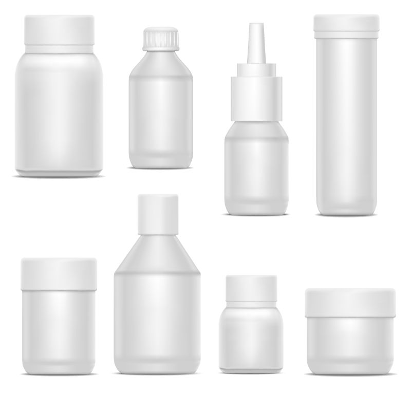 现实的模板空白白色塑料瓶包装集药箱概念为药物和维生素-矢量图解