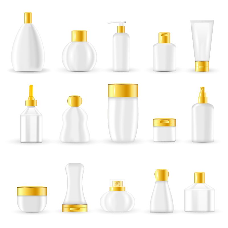 用白色玻璃或塑料容器和金色盖子的化妆品包装设计