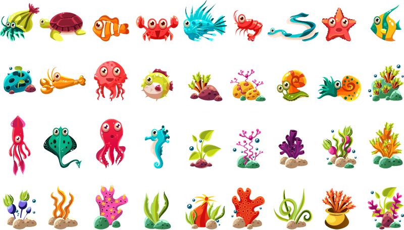 海洋生物大集合-彩色卡通海洋动物-植物和鱼类矢量插图-白色背景