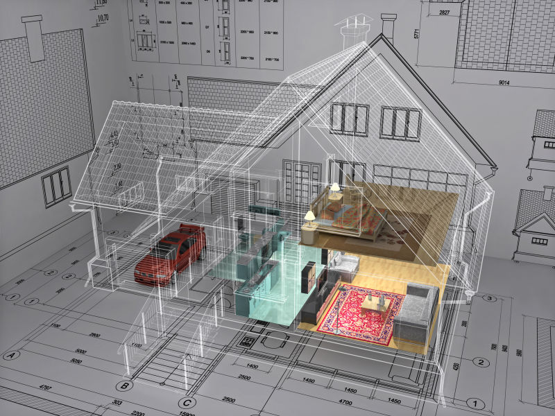 建筑图纸上住宅的三维等距视图