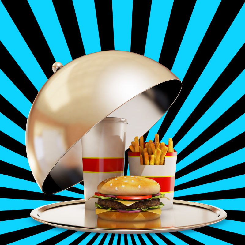 黑色和蓝色背景的豪华快餐3D renderi