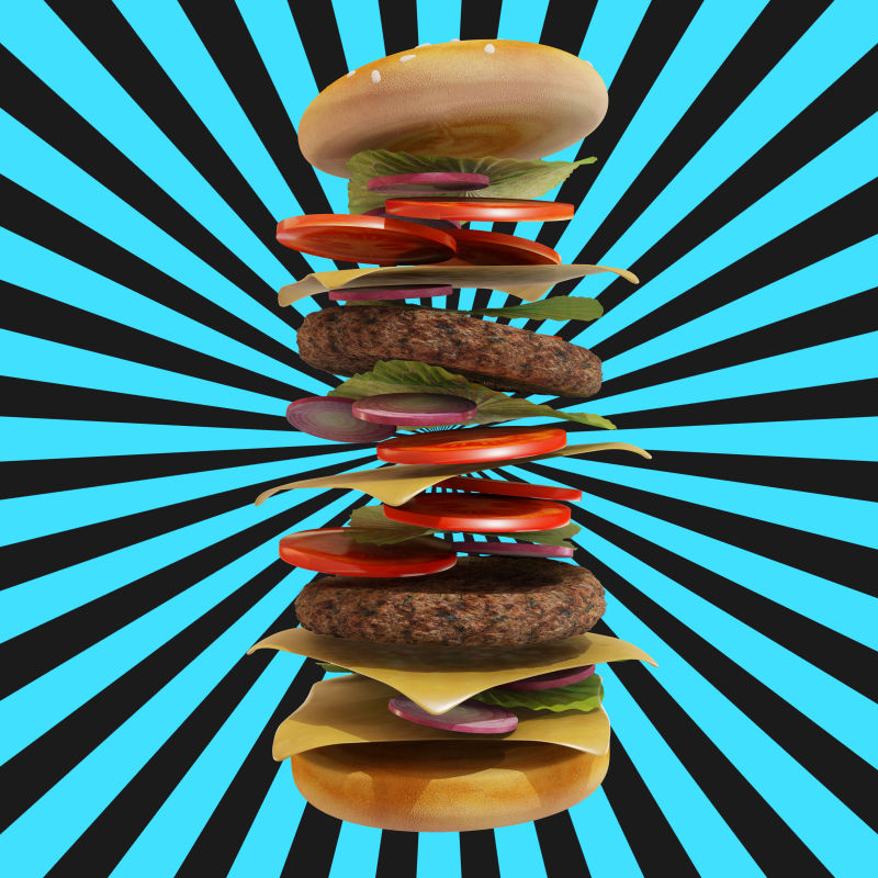 动态汉堡包黑白背景3D渲染