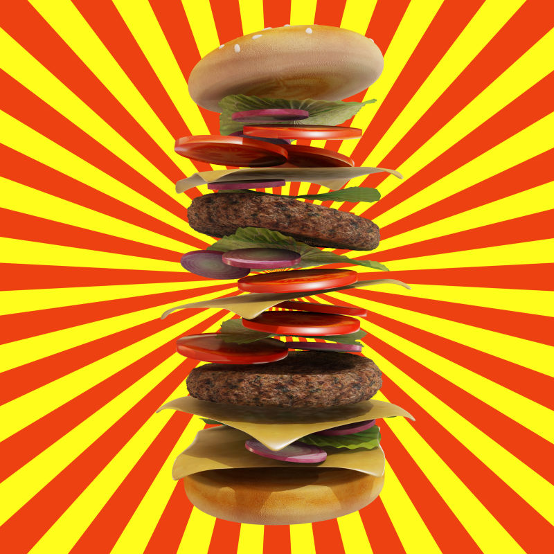 红色和黄色背景的动态汉堡3D渲染