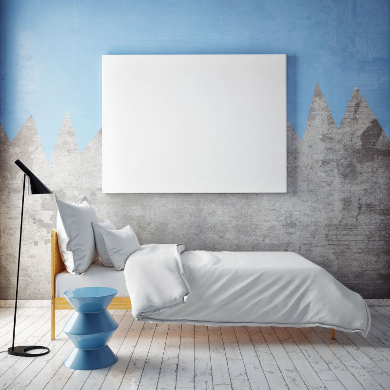 卧室墙上3D插图背景的空白海报