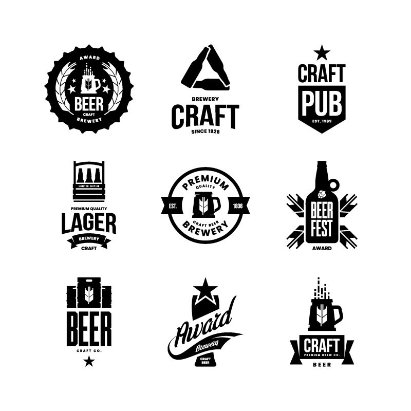 现代工艺啤酒饮料孤立矢量标志酒吧-酒吧-商店-啤酒厂或啤酒厂-优质杯子-酒桶-瓶标志-标志-插图集-啤酒节T恤徽章设计包