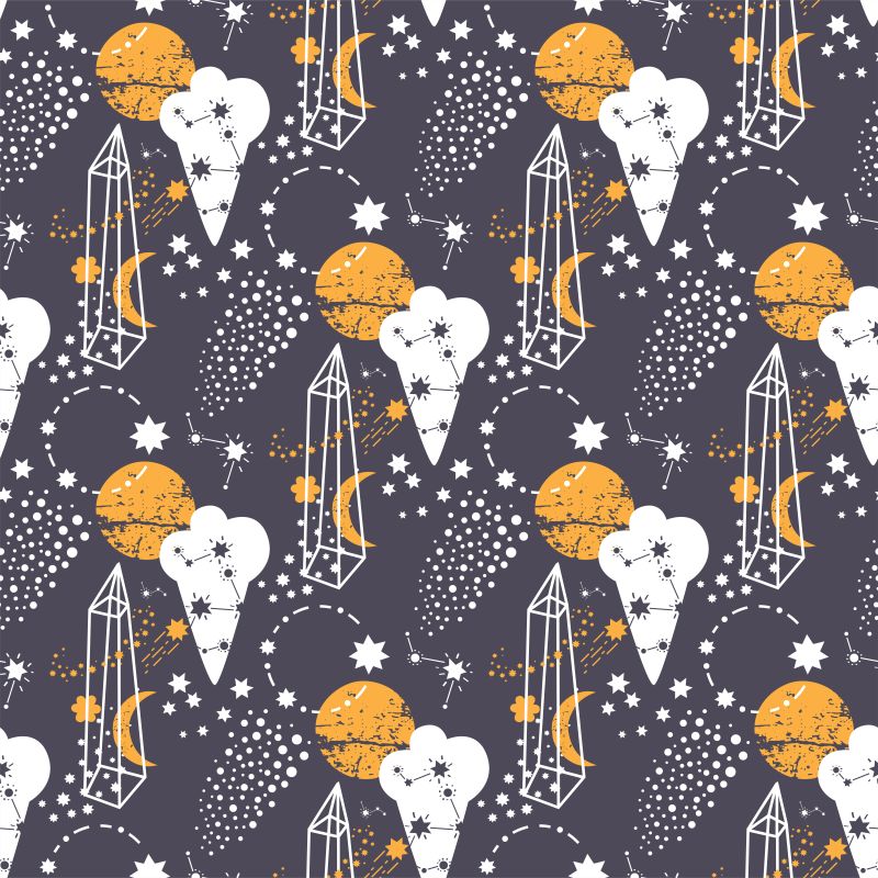 无缝抽象图案-以矢量元素晶体星座冰淇淋月球行星等为背景-在空间上以恒星为背景-用于纺织品设计包装设计包装纸设计