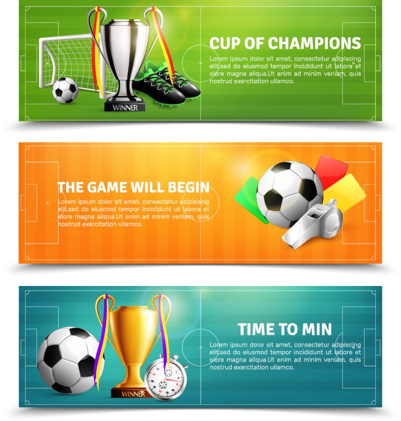 足球横幅-包括体育器材罚单足球场背景矢量图上的奖杯