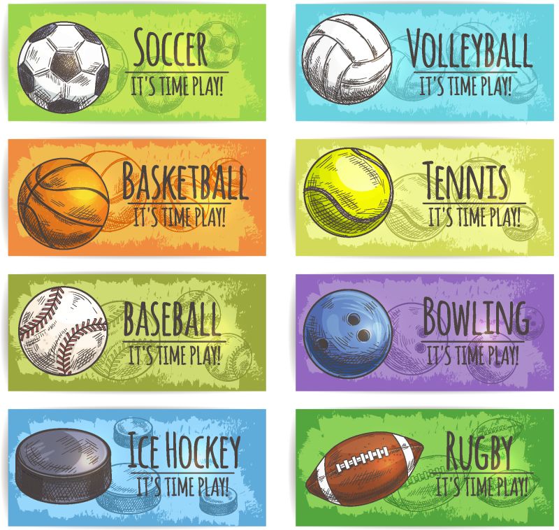 运动横幅运动球和设备游戏配件图标足球篮球棒球冰球冰球排球网球保龄球橄榄球
