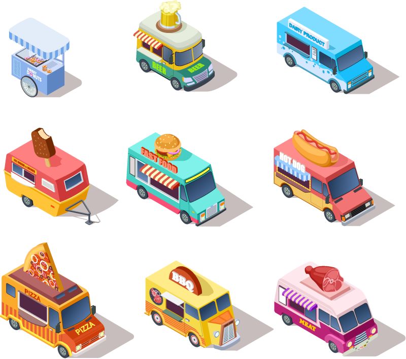 等距街道食品卡车和手推车-卖热狗咖啡披萨和小吃-三维孤立矢量集-市场卡车街头推车冰淇淋和比萨饼的图示