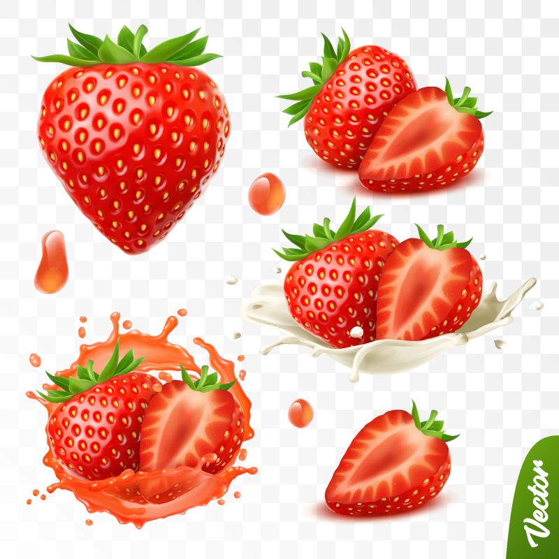 3D逼真透明隔离向量集-草莓的整片和切片-果汁中的草莓滴-牛奶或酸奶中的草莓滴