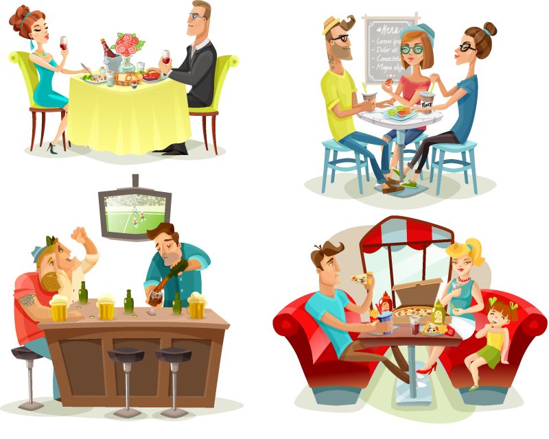 餐厅咖啡吧4个彩色图片广场-足球迷家庭用餐者和约会情侣抽象插图