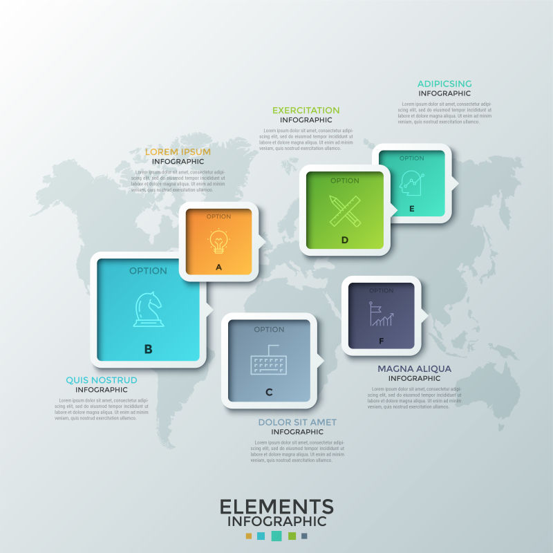 六个不同大小的彩色方形元素-箭头或指针细线符号和字母放在世界地图上-创意信息图表设计模板-网站矢量图