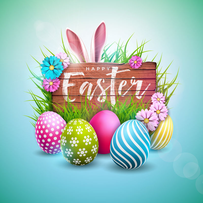 复活节快乐设计彩蛋花儿和兔子耳朵以古木为背景带有贺卡聚会邀请或促销横幅印刷的国际矢量庆祝插图