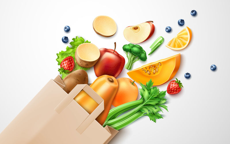 矢量健康食品购物袋中的有机水果