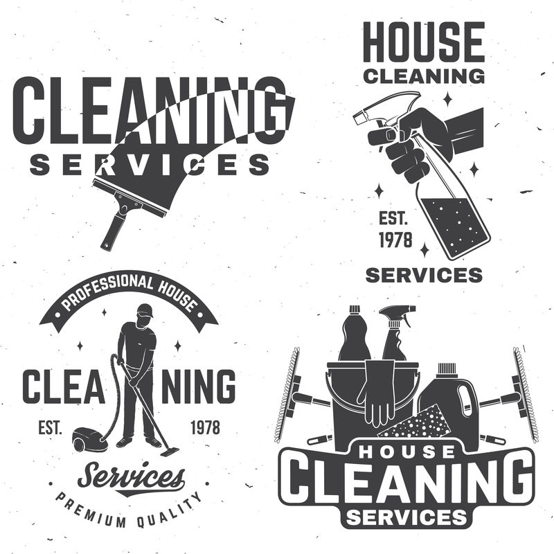 清洁公司徽章标志矢量图衬衫邮票或T恤的概念带清洁设备的老式印刷设计公司相关业务清洁服务标志