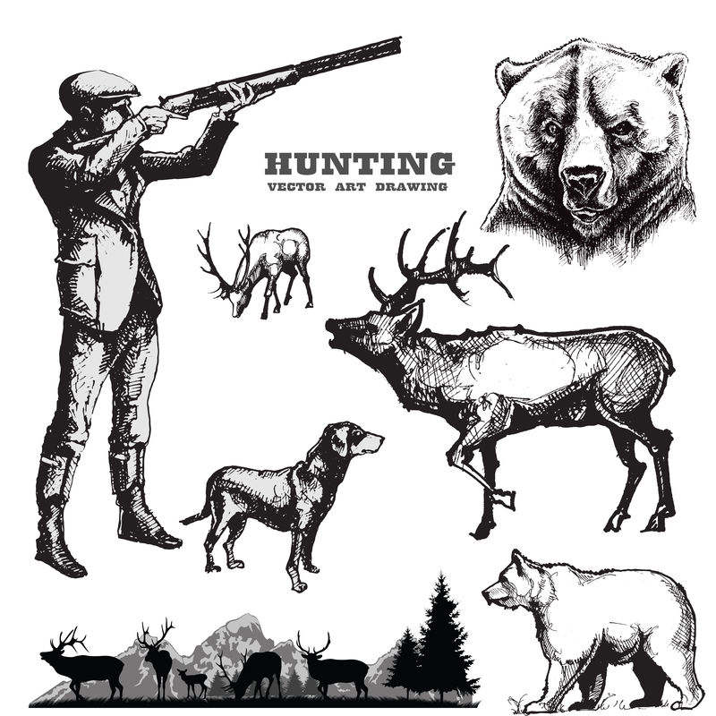 狩猎矢量集-猎狗和野生动物