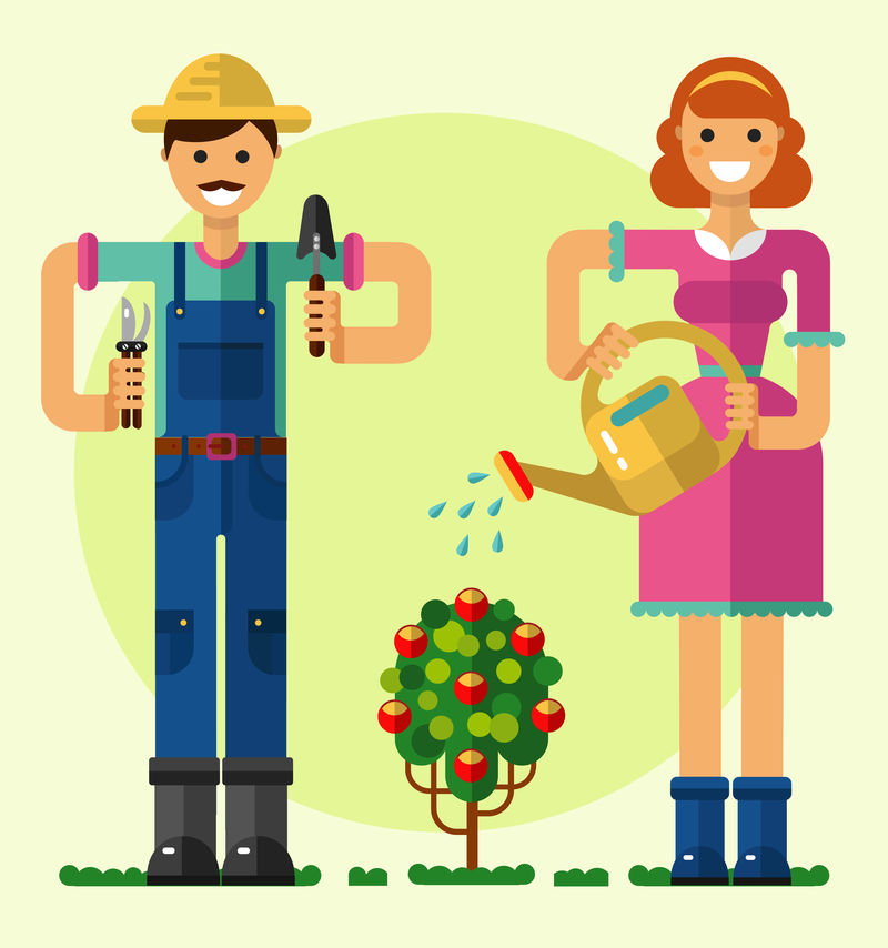 矢量平面式的微笑男孩和女孩用铲子修枝水壶照料花园的插图-浇花的女孩-园艺和农业概念