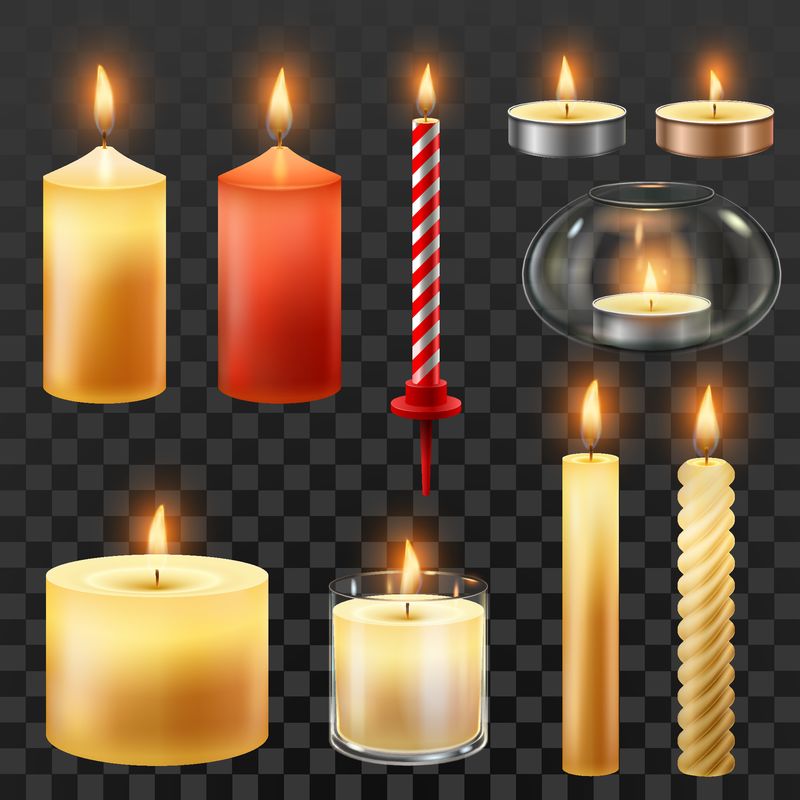 烛火-圣诞派对的蜡烛-浪漫的热烛光-以及在玻璃中点燃燃烧的夜灯-生日蛋糕或光明节装饰用火焰-独立符号集