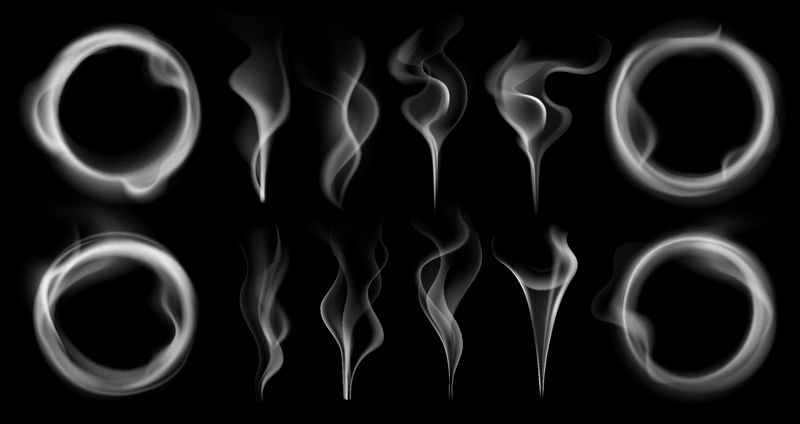 蒸汽烟雾形状-吸烟蒸汽流-蒸汽汽化环和蒸汽波半透明-水烟香烟或蒸汽烟雾运动-逼真的三维效果隔离矢量符号集