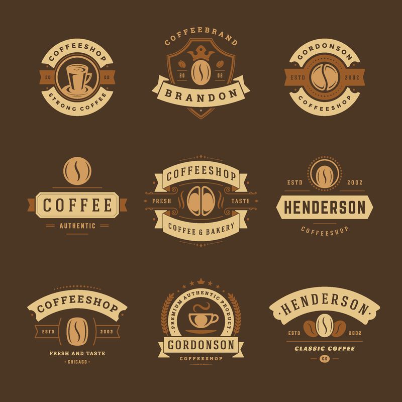 咖啡店标志设计模板集矢量插图-有自助餐厅的标识和咖啡馆的标签和徽章-复古印刷图案标志
