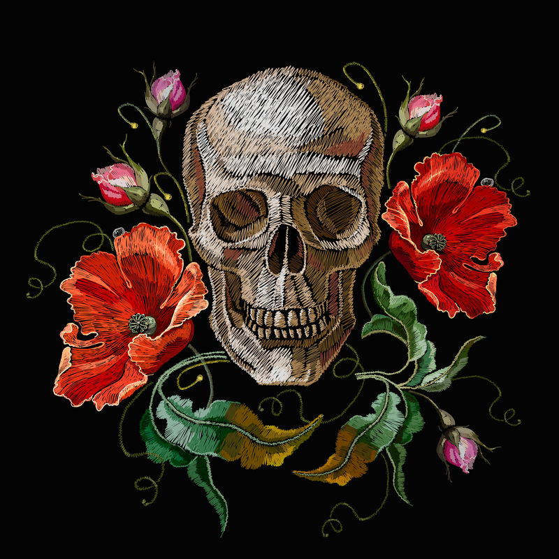 刺绣人类头骨和红色罂粟花时尚哥特式E