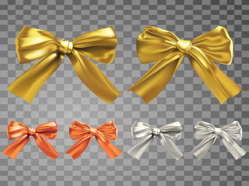 两种不同的丝绸蝴蝶结的金色-铜和银的颜色变化-矢量插图在现实风格与梯度网格