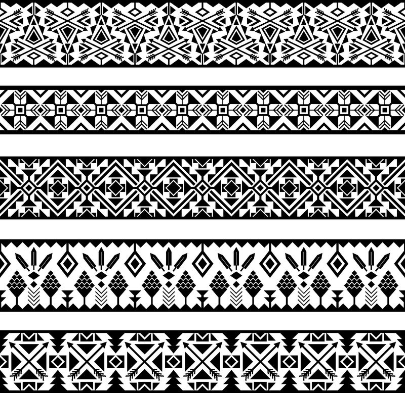 民族图案条纹-黑白墨西哥部落几何图案边界以白色背景隔离