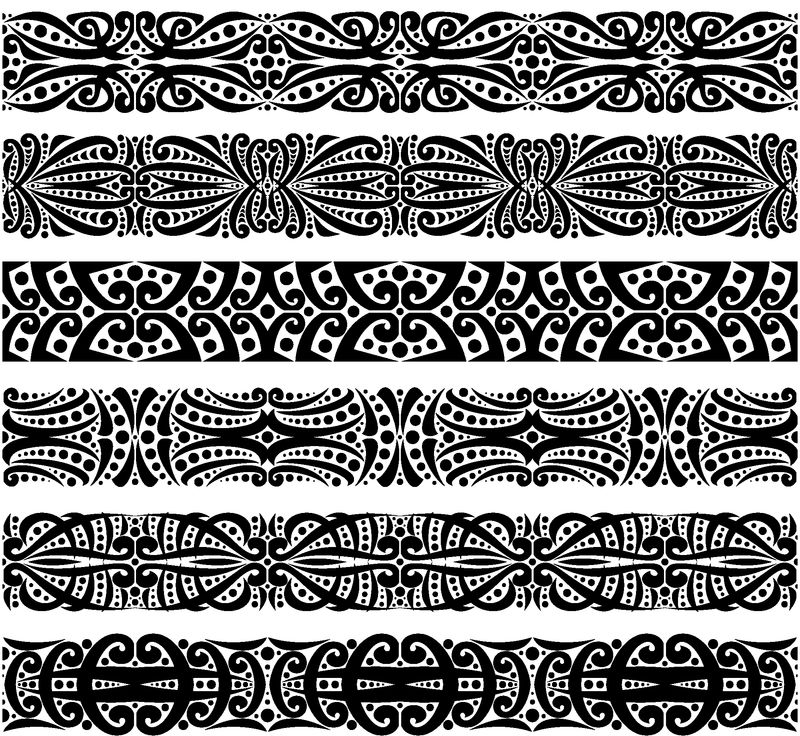 黑色无缝边框矢量组-6条东方风格的装饰重复丝带-用于创建框架的设计元素-白色背景上带装饰的华丽胶带装饰