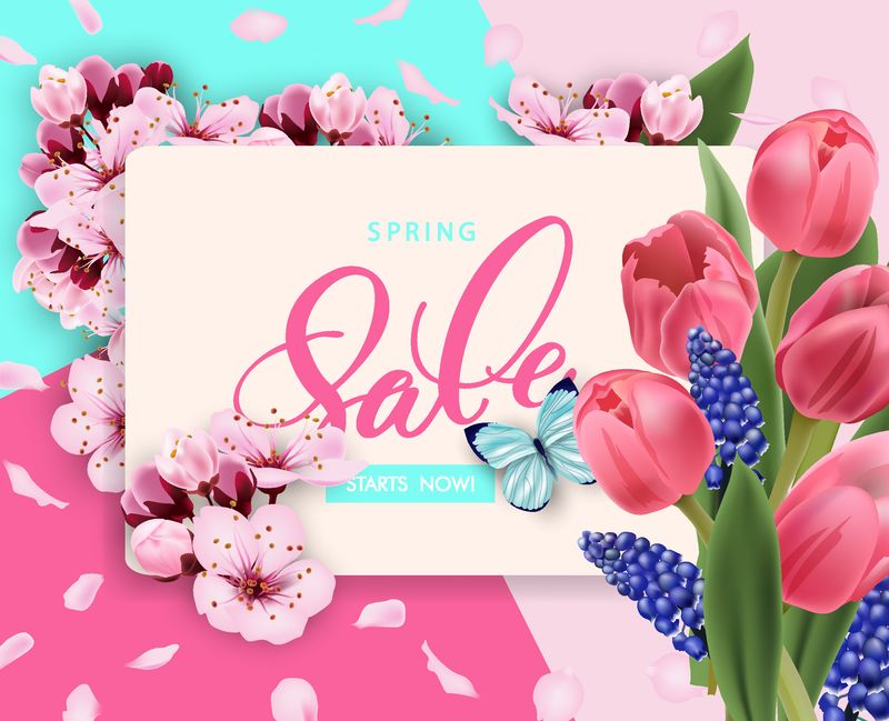 春季销售矢量旗设计-花樱桃和框架-以樱花为背景的春季促销活动