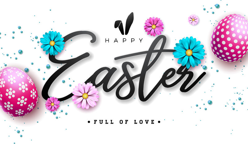 白色背景的红色彩蛋和春天花的复活节快乐插画国际节日庆典矢量设计印有贺卡聚会邀请或促销横幅的印刷字体