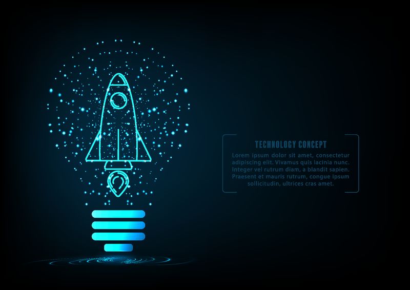 火箭发射在蓝色背景环境下的灯泡与网页元素的启动概念和开发项目的创意展示