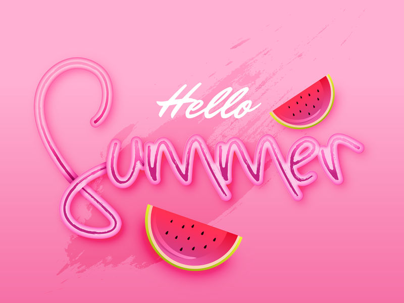 粉色背景横幅或海报上的“你好夏天”时尚文本