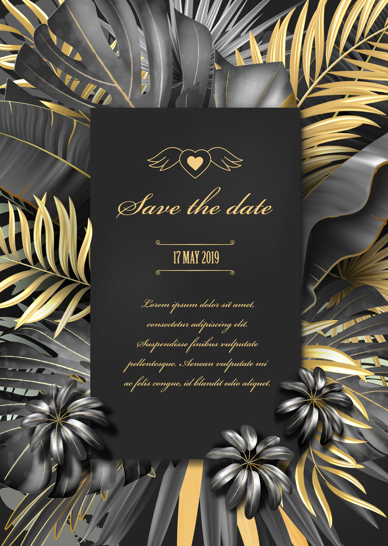 矢量垂直横幅或海报模板黑金色热带树叶深灰色背景异域植物设计EPS10结婚卡空白