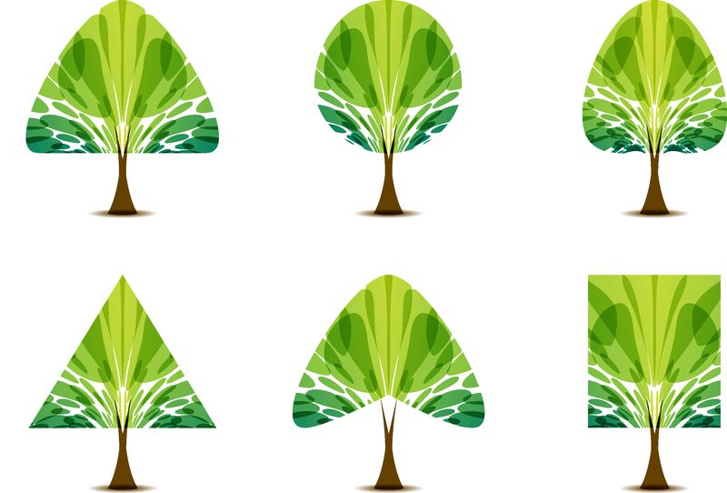 绿色的树图标-白色背景上有各种各样的叶子和树冠形状