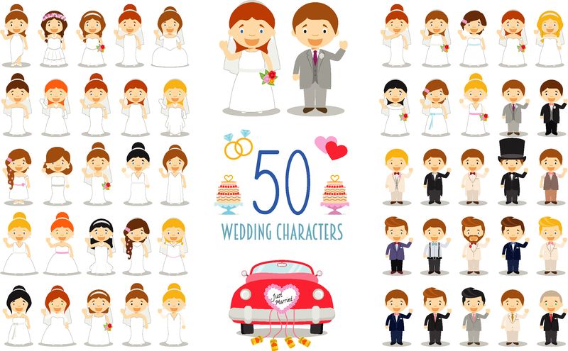 卡通风格的50个婚礼人物和婚纱图标集