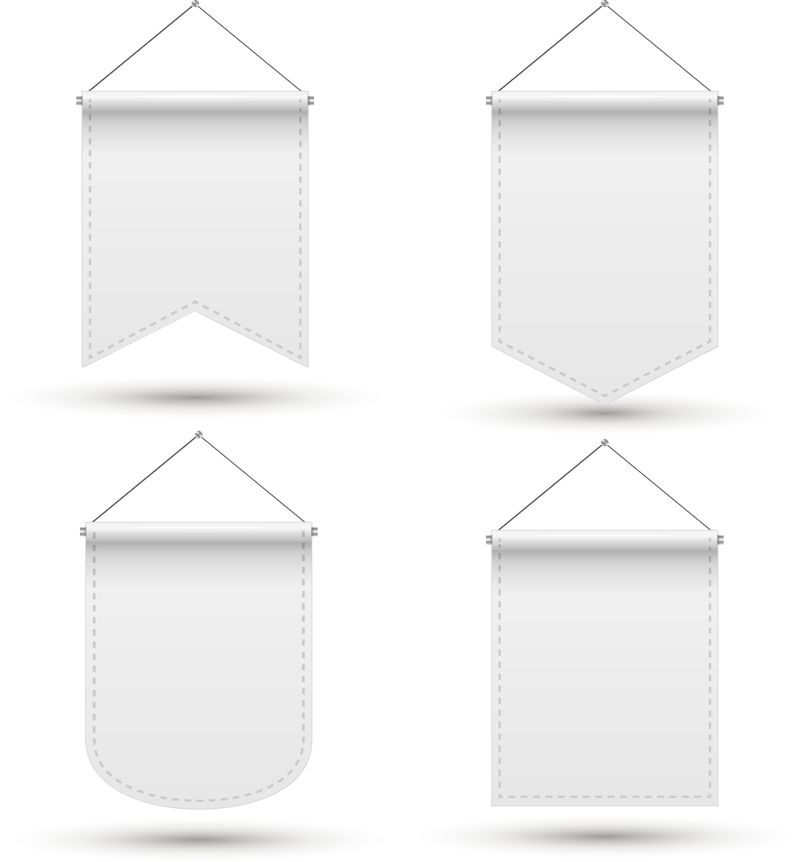 白色背景上设置的垂直白色空白旗的空模板-运动旗符号模型说明