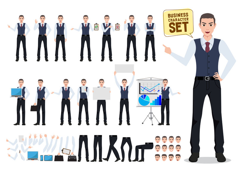 商务人员矢量字符创建集-男性办公室人员-带有姿势和手势-用于商务演示-单独使用白色-矢量图