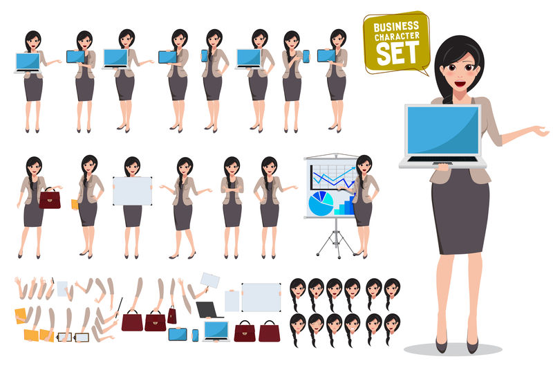 女性商业人物矢量集-女性办公人员手持笔记本电脑和显示屏-具有各种姿势和姿势-用于商务演示-矢量图